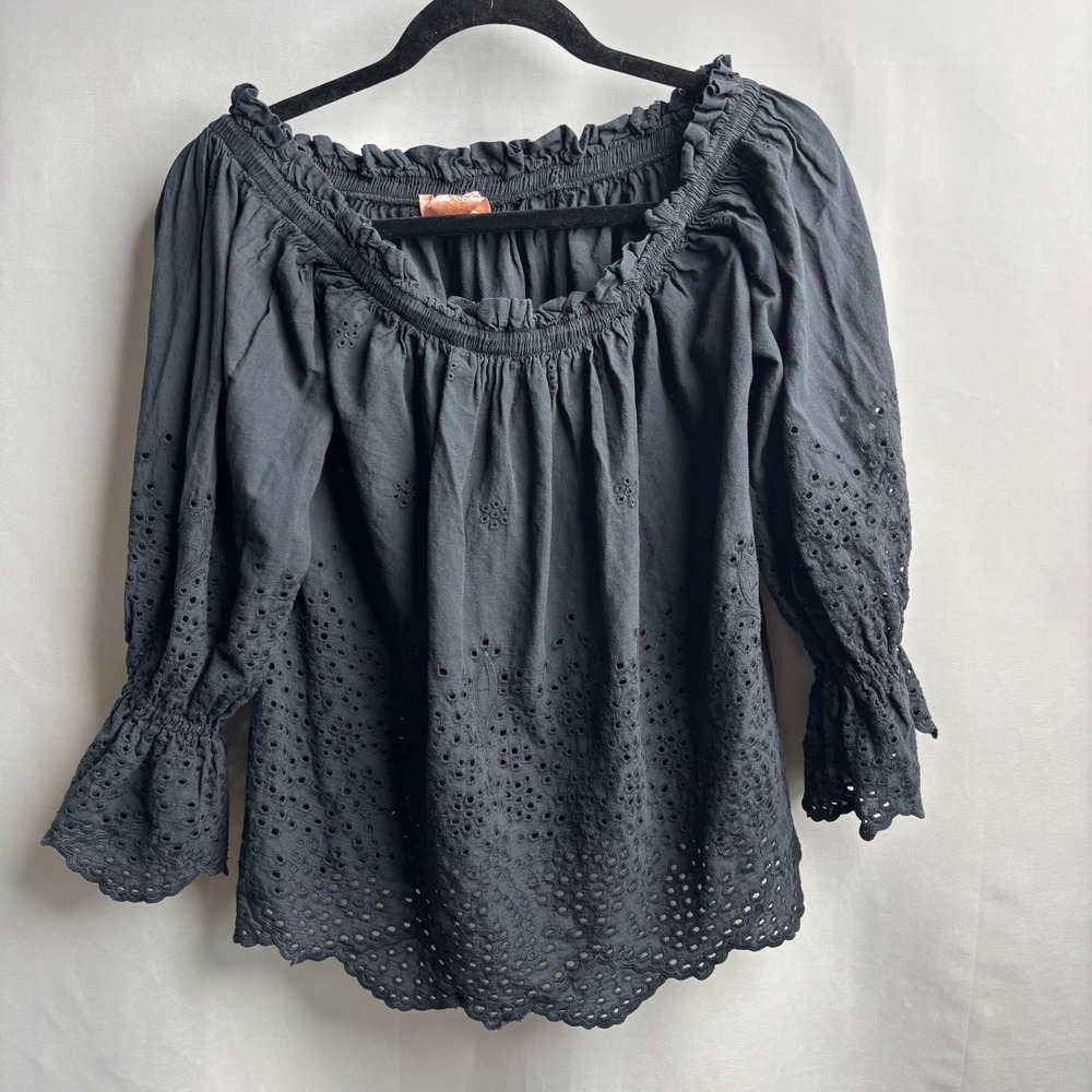 Scandal Italy Black Eyelet Off Shoulder Top Bell Sleeve Peasant Dark Cottage L